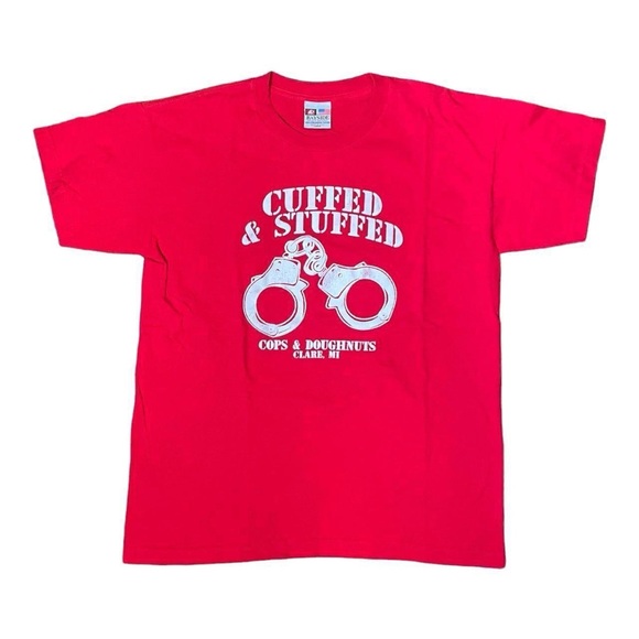 1990’s funny ironic handcuffs jail shirt in red color - Picture 1 of 5